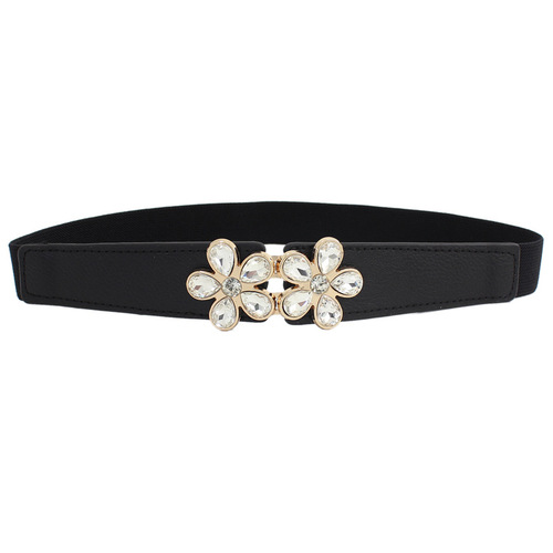 Decorative belt for women with elastic skirt, shirt, flower pattern, diamond buckle, versatile elastic black waistband, 2 options available