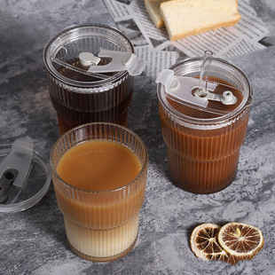 Wholesale straw cup with lid household milk bamboo cup straw cup ins wind striped glass coffee cup manufacturers