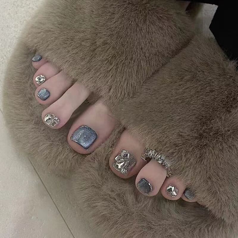 Summer Toenail Patches in Haze Blue, Removable Phototherapy Nail Patches, Pure Handmade Wearable Nail Patches for Feet