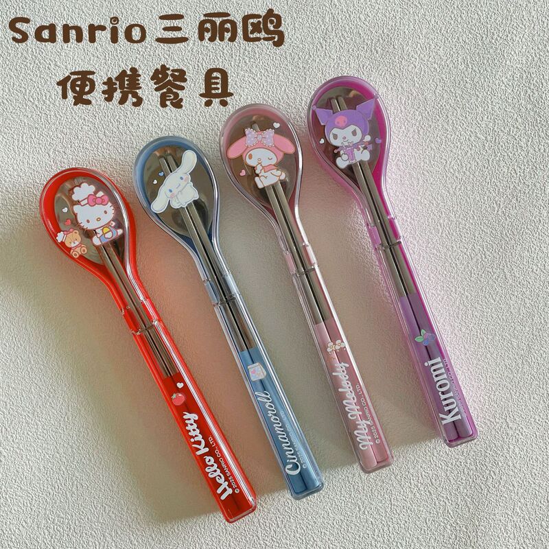 304 Stainless Steel Spoon-Shaped Sanrio Cartoon Cute Kidsren's Tableware Set Hello Kitty Melody Spoon and Chopsticks Tableware