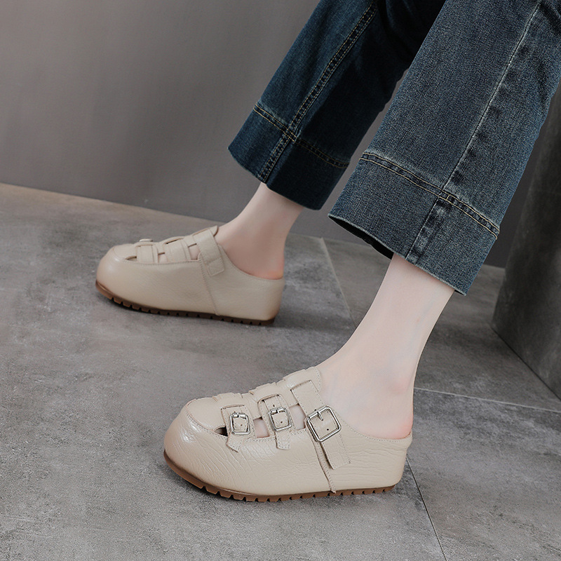 Dép sandal nữ da bò mũi kín đế dày lỗ thoáng khí — màu nâu