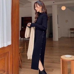 针织连衣裙秋冬大码女装配大衣高领打底裙宽松洋气长款毛衣裙过膝