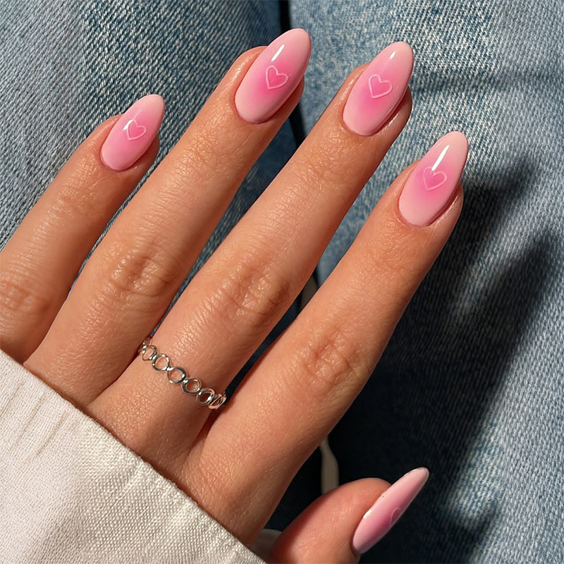 24 Pieces of Cross-Border Simple Wearable Nails Almond Pure Color Blush Heart Nail Patches Wearable Nails Fake Nails in Stock