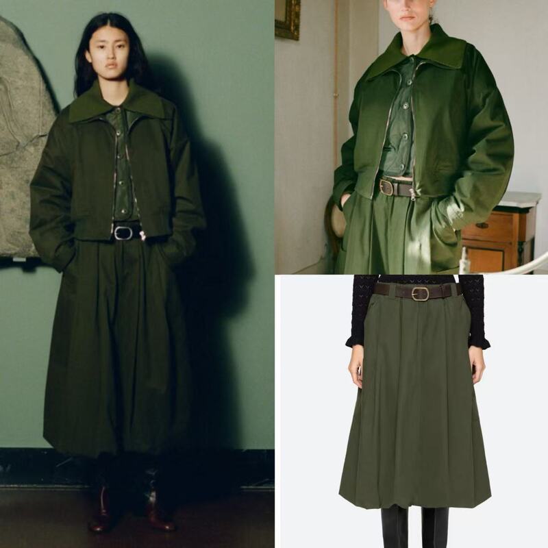 French Suit Skirt 25 Years New Army Green Lapel Jacket + Quilted Liner Vest + Flower Bud Skirt Suit