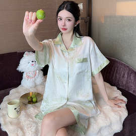 ins风短袖冰丝睡衣女款2025年夏季薄款凉感丝绸仿真丝家居服套装