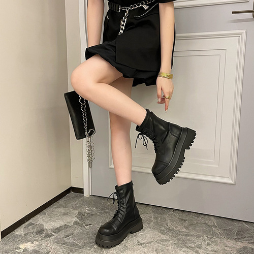 Women's Thick-Heeled Martin Boots  New Model Rear Zip Thin Round-Toe Motorcycle Boots Soft Leather Lace-Up Fashion Influencer Short Boots