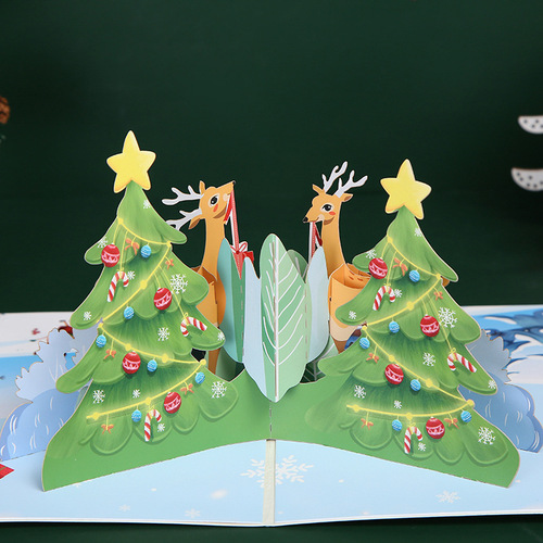 Cross-border Christmas 3D stereoscopic greeting card, new color printed Christmas reindeer paper cutting 3D greeting card, blessing card wholesale