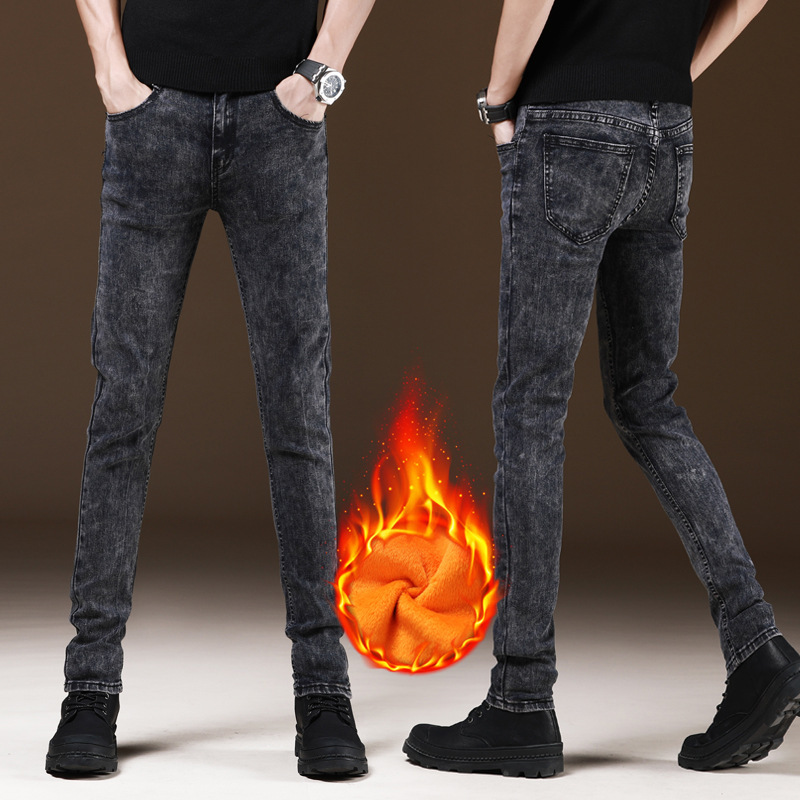 New Winter Trendy Brand Fleece-lined Jeans Men's Slim-fit Skinny Casual Pants Korean Long Pants Autumn and Winter Thickened