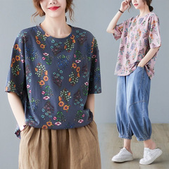 新作の花の半袖tシャツの女性の大きいサイズの婦人服の春夏の底のシャツのカジュアルな文芸の上着はゆったりしていてやせています。