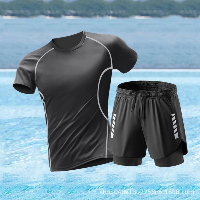 그레이 라인 반팔 + DK70 블랙 더블 레이어 수영 트렁크