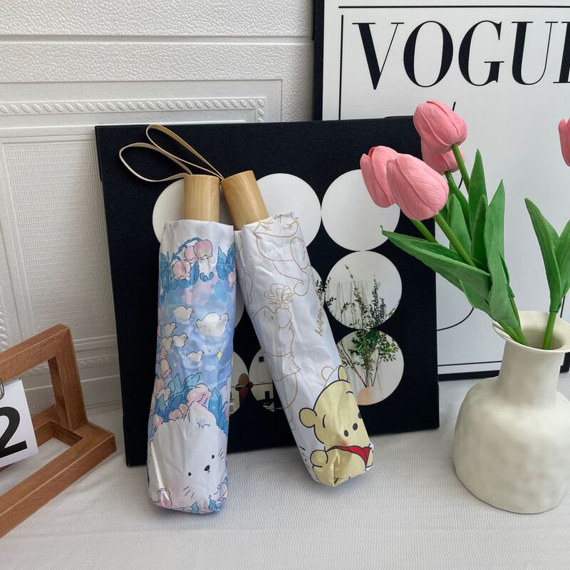 Ins-Style Cartoon Floral Manual 8-Rib Wooden Handle Dual-Use Rain or Shine Folding Black Coating Sunscreen Sun Umbrella for Student Parties