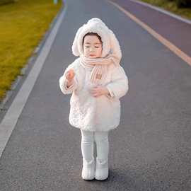宝宝兔耳朵外套小女孩皮草大衣双面毛毛加绒中长款可爱过年服女童