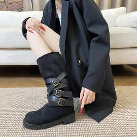 现货秒发！牛皮版堆堆皮带扣马丁靴女圆头粗跟套筒机车靴女长筒靴