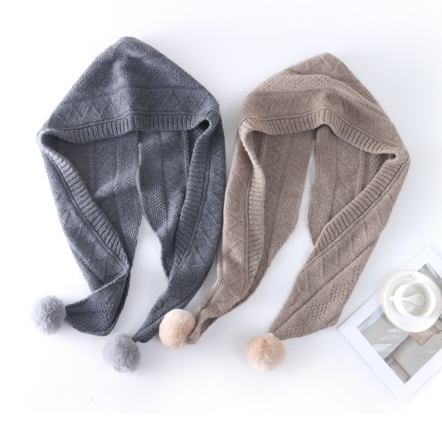Autumn and winter hooded, all-wool knitted hat with pom-pom, Korean-style fashionable and warm scarf and hat, ear-covering integrated hat