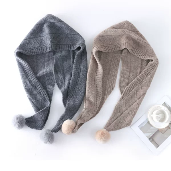 Autumn and winter hooded, all-wool knitted hat with pom-pom, Korean-style fashionable and warm scarf and hat, ear-covering integrated hat
