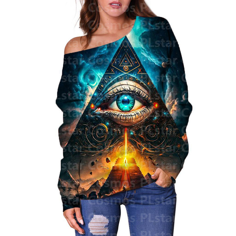 European and American cross-border top 3D Dragonfly psychedelic printed women's clothing women's off-shoulder sweater women's off-shoulder top bottoming shirt Women's