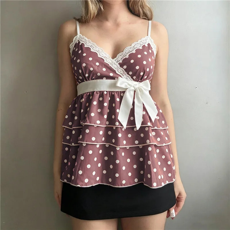 European and American 2026 Cross-Border Summer Women's Clothing Sweet and Cute Polka Dot Patchwork Lace Multi-Layer Ruffle Camisole