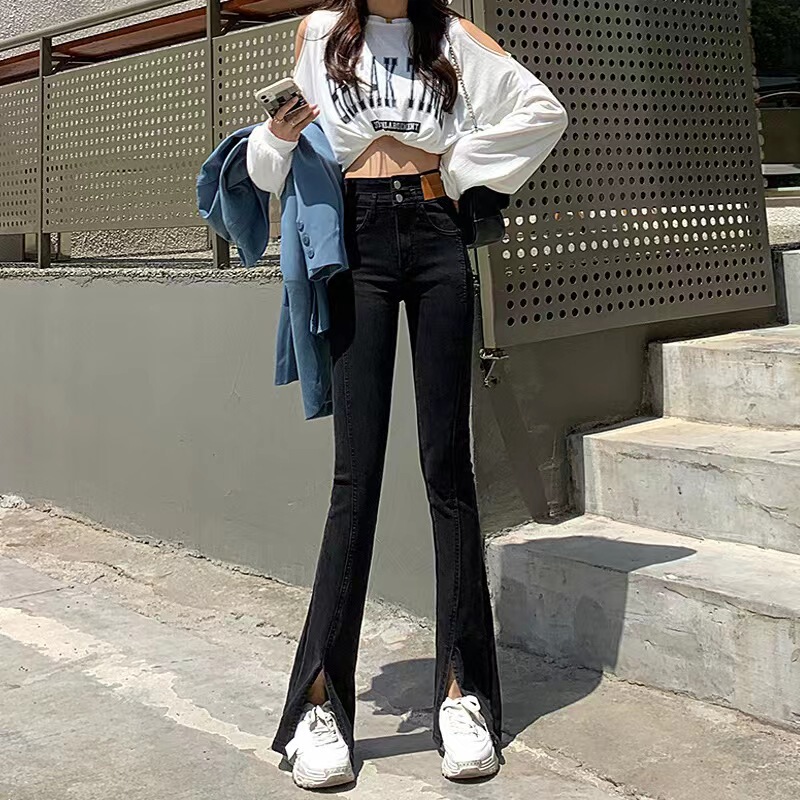 Black split jeans for women Spring and Autumn 2024 new super high waist loose slimming straight mop micro flared pants