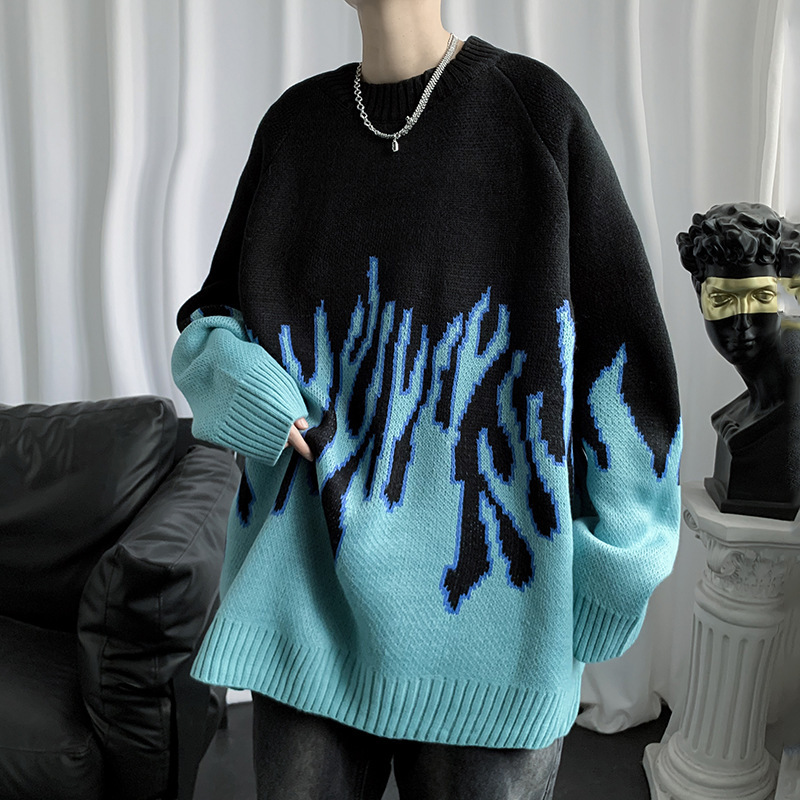 Blue Hip-Hop Korean Style Trendy Distinctive Harajuku Style Couple's Knitted Sweater Sweater Loose Winter Flame Sweater for Men and Women
