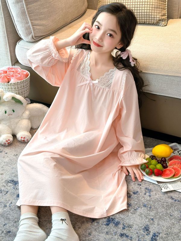 睡裙女童春秋款纯棉长袖睡衣女孩2025秋新款初中生大童公主家居服|undefined