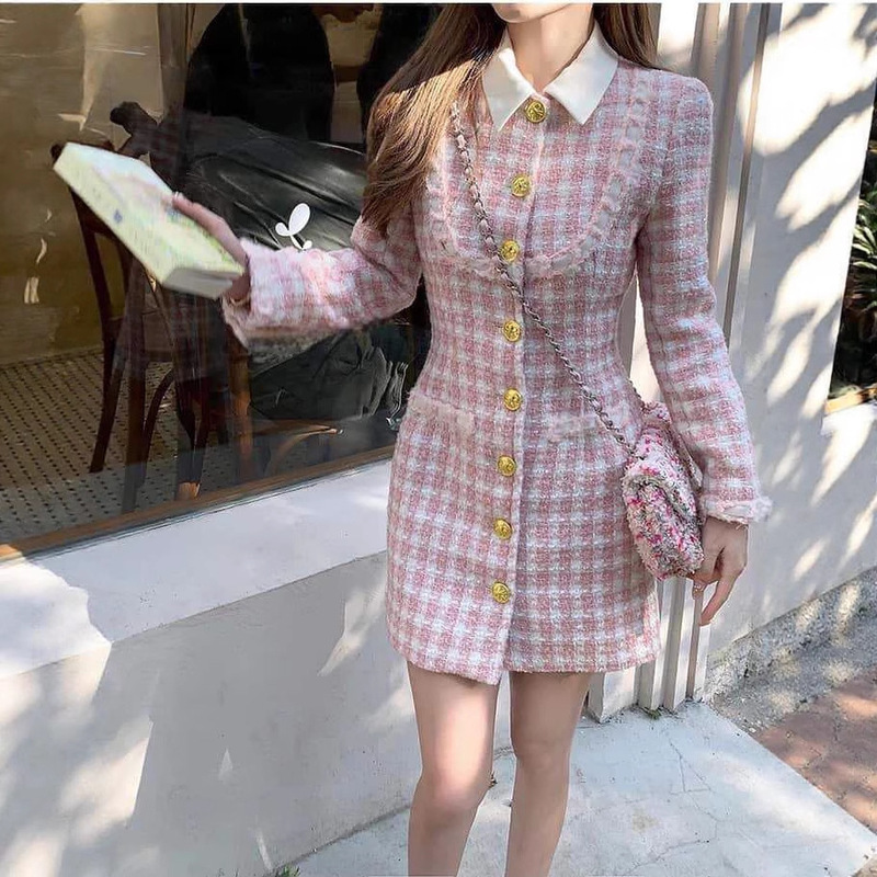 French-Style Wealthy Socialite Light Luxury Tweed Dress Plaid Chanel-Style Autumn and Winter Birthday Mini Dress for Women