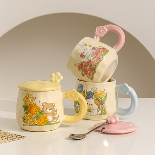 Creative Cat Mug with Lid Spoon Accompanying Gift Drinking Cup Cute Rabbit Ceramic Cup Office Drinking Cup