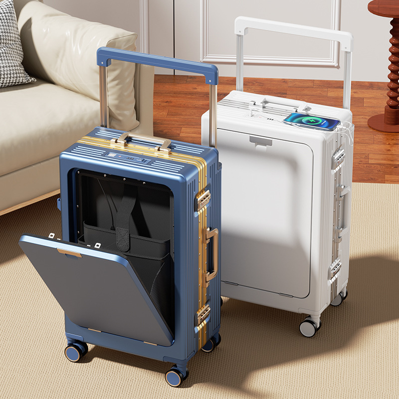 New front opening luggage wide pull rod suitcase multifunctional business computer luggage boarding box 20 inch men