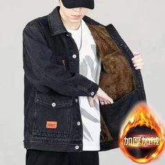 男性用デニムジャケット冬ベルベット厚手高級感ゆったり大きいサイズ防寒防風耐摩耗性マルチポケット上着