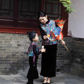 新中式亲子拜年服套装2025冬季新款古风新中式提花夹棉马甲套装潮