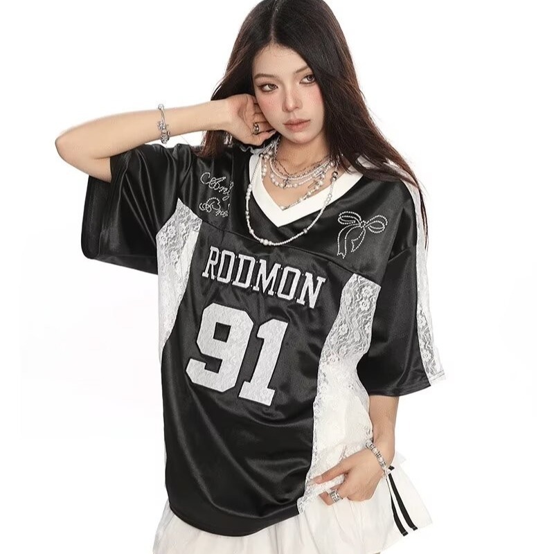 American Retro V-neck Lace Shoulder Short-sleeved T-shirt Women's Summer New Embroidered Jersey Loose Sports Couple Top