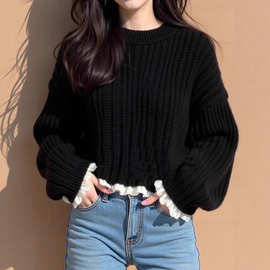 奥特莱斯撤柜捡漏商场同款重工黑色花边袖粗线毛衣女慵懒高级感小