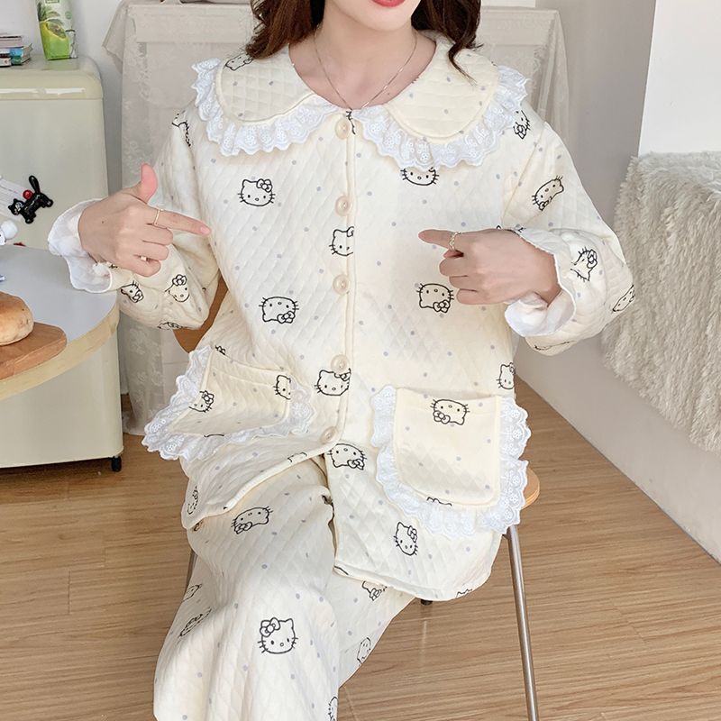 Cardigan de algodón de aire pijama de mujeres otoño invierno nuevo cuello de muñeca encaje coreano dulce engrosado intercalado conjunto de ropa para el hogar