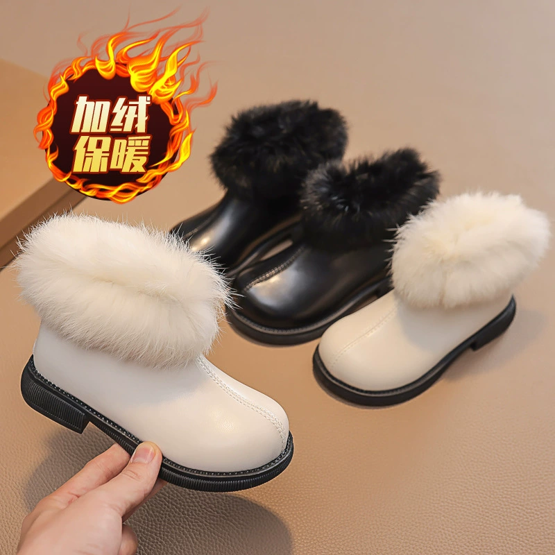 Детские сапоги, модные однотонные меховые сапоги в корейском стиле для детей среднего и старшего возраста, новые нескользящие хлопковые сапоги на мягкой подошве для маленьких девочек осень-зима 2025 года.