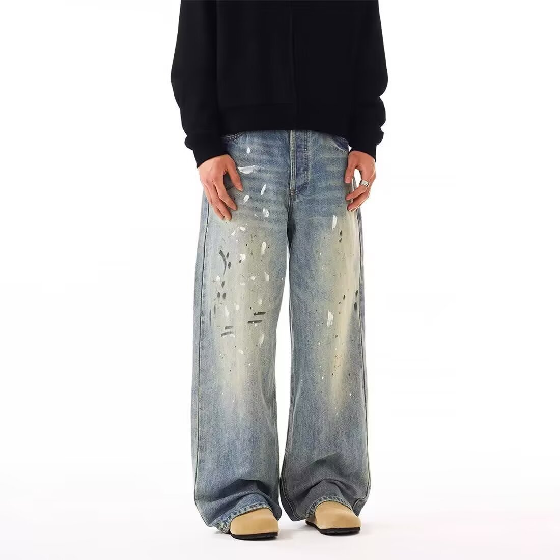 Men's Clothing Men's Retro Trendy Ink Splatter Wash Distressed Loose Straight Leg Wide Leg Jeans Versatile Casual Commuting Pants_mkmklike.com