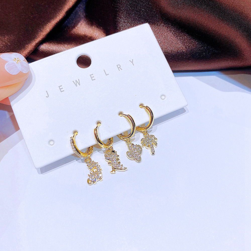 Womenu0027S Fashion Dinosaur Copper Earrings Inlay Zircon Drop Earrings 4 Pieces