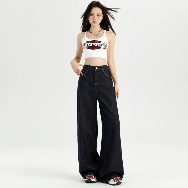 Темно-синие джинсы, осенние брюки, американский стиль, high waist, облегающие, для подростков, свободный прямой крой