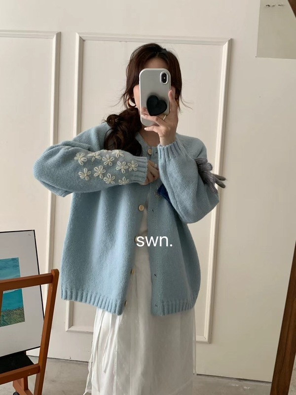 甜美重工花朵刺绣针织开衫女韩版秋冬新款软糯百搭显瘦毛衣外套潮|undefined