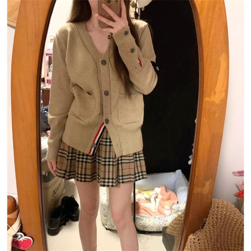 Women's Autumn V-neck Knitted Cardigan Jacket in Navy Blue, Korean Style College Fashion, Slimming, Innerwear Base Shirt Top