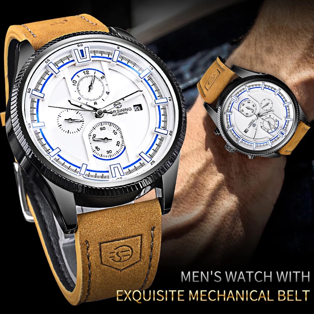 Forsining Three Eyes Six Needle Men's Automatic Mechanical Watch Casual Fashion Men's Watch 30 meter Life Waterproof_voghion.com