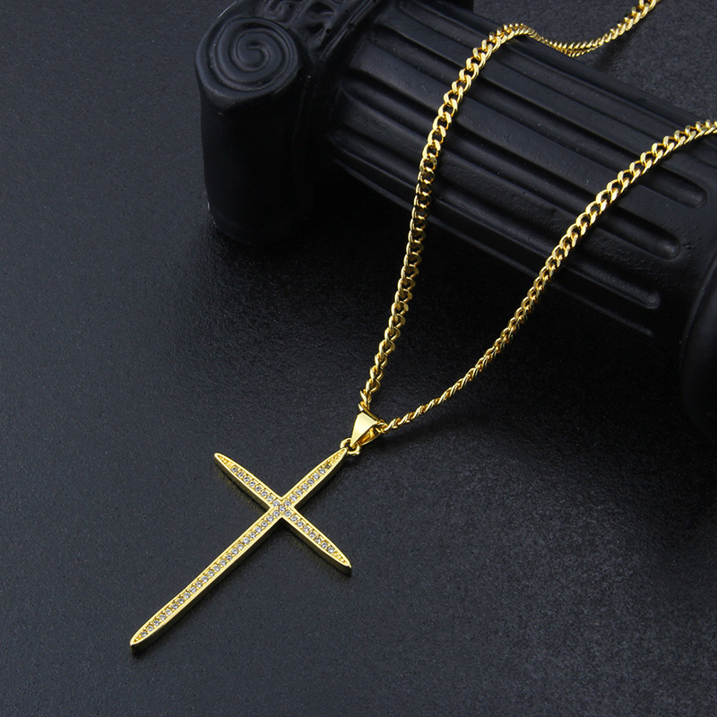 American inlaid zirconium large cross copper gold-plated necklace