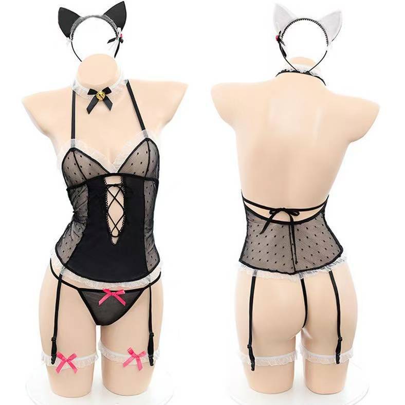 Catgirl Roleplay Lingerie Set with Lace Trim, Polka Dots and Black Stockings — detail image 5