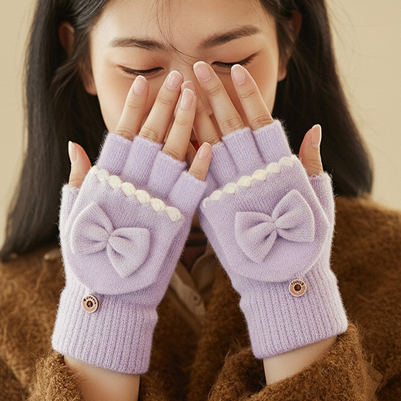 冬季保暖手套女翻盖蝴蝶结针织手套女成人触屏手套加绒露指手套男|undefined