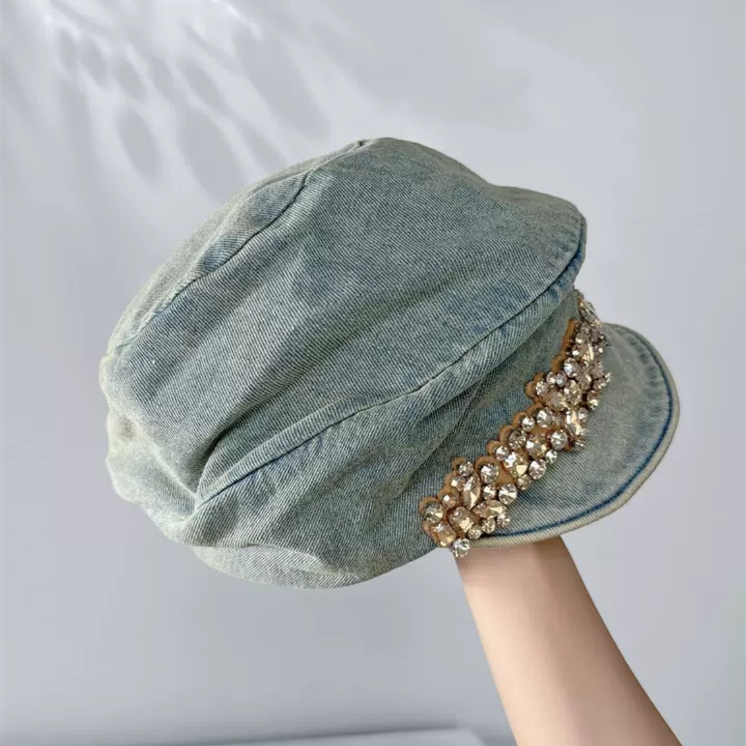 Chapéu octogonal feminino com aba alta e strass, ideal para outono e inverno, adequado para cabeças grandes, quente e com estilo vintage._voghion.com