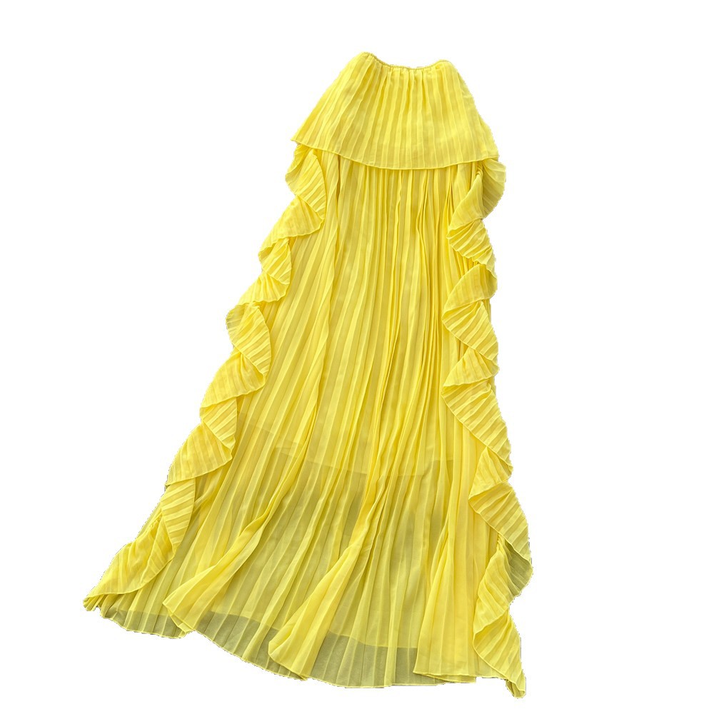 Yellow Strapless Sleeveless Long Dress Ruffled Halter Neck Design Loose Fit French Style Summery Feel Women's Clothing_ecoleips.com