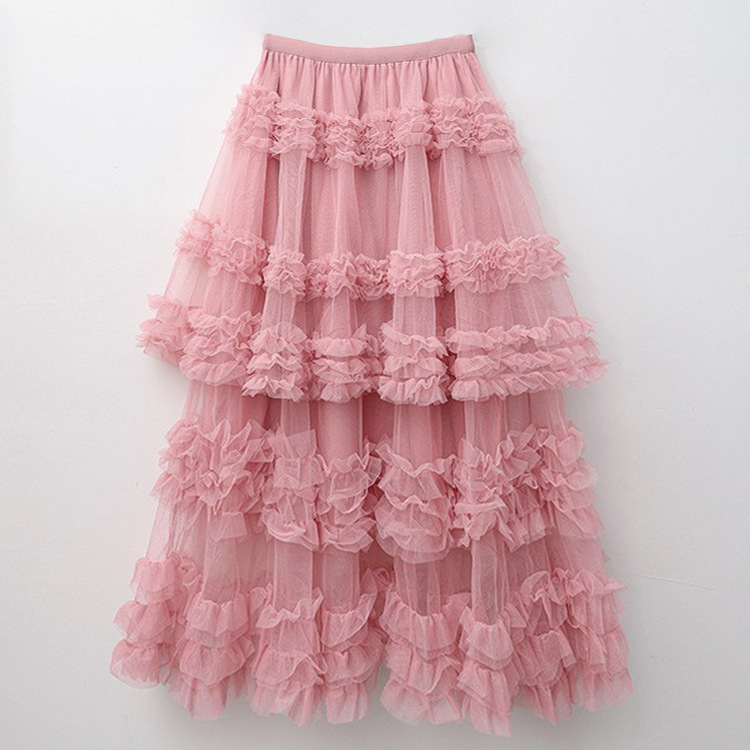 New Heavy Industry Large Swing Long Skirt Multi-layer Cake Skirt Puffy Skirt High Waist All-match Solid Color A- shaped Multi-layer Cross-border