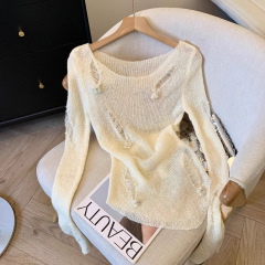Sweet Hot Girl リッピング中空長袖ニット Tシャツレディース秋デザインヘビービーズフラワーボトムシャツトップ