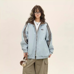 Double Wearing Three Bars Contrast Color Collar Jacket Men's and Women's Spring and Autumn 2024 Loose Casual Couple's Jacket Women's