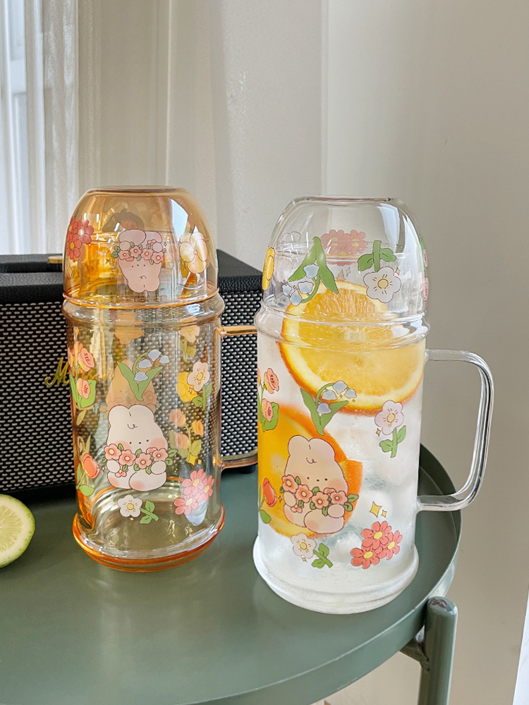 Cartoon glass large capacity high temperature resistant drinking cup high-looking dormitory household 1L drinking kettle with handle