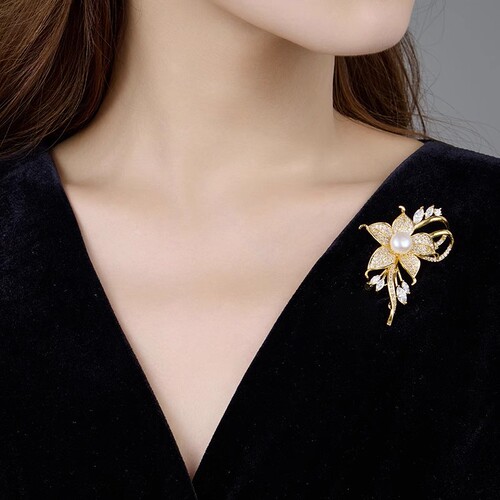 Floral Pearl Brooch for Women, Elegant Suit, Anti-Slip Button Pin, Coat Outerwear, Sweater, Pin to Hold Clothes, Floral Brooch