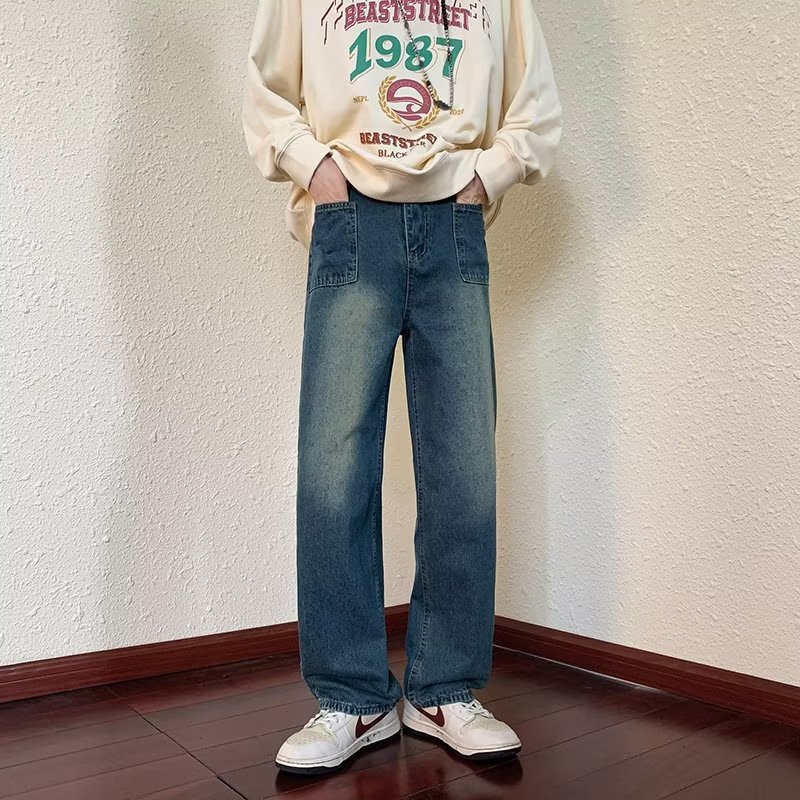 2022 new South Korea ins Street all-match distressed straight slimming trousers loose jeans for men and women